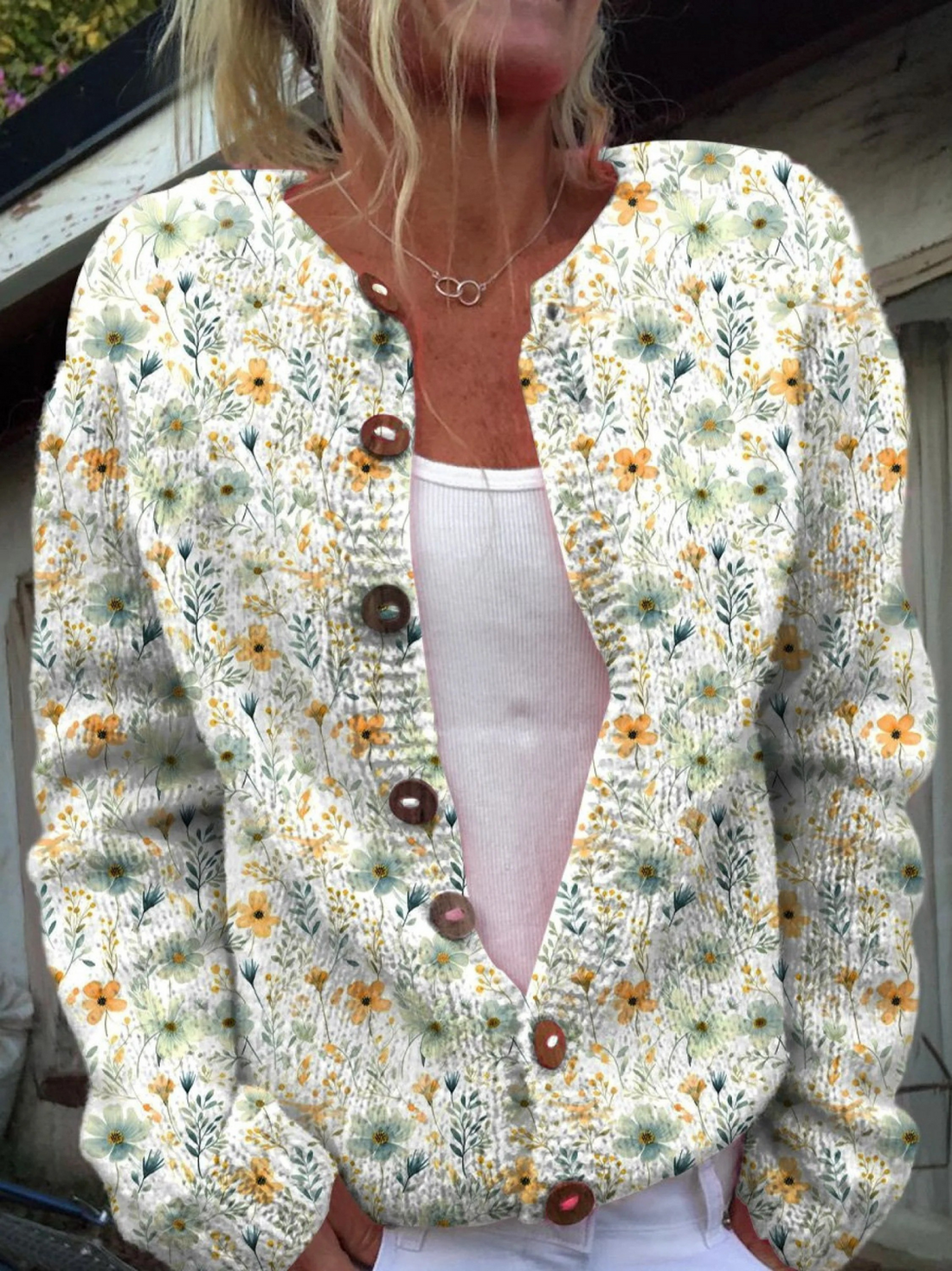 Watercolor French Rose Repeat Pattern Print Buttoned Cardigan Sweater