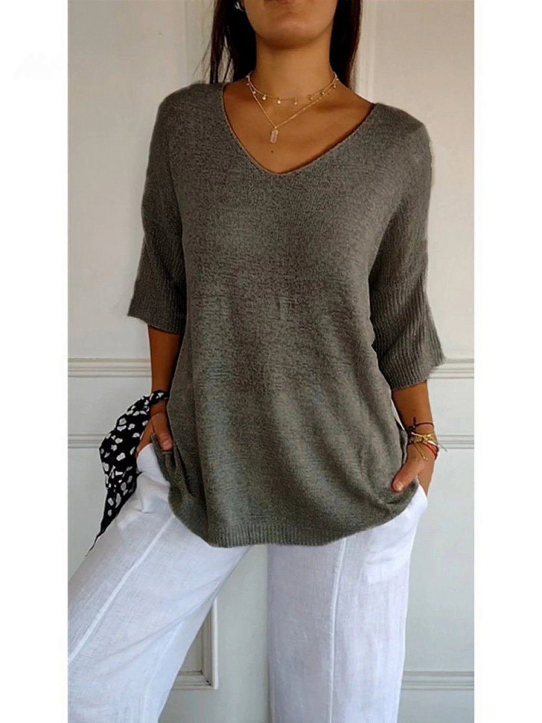 Elvayn | Women's Solid Color Knitted 3/4 Sleeve V-neck Top