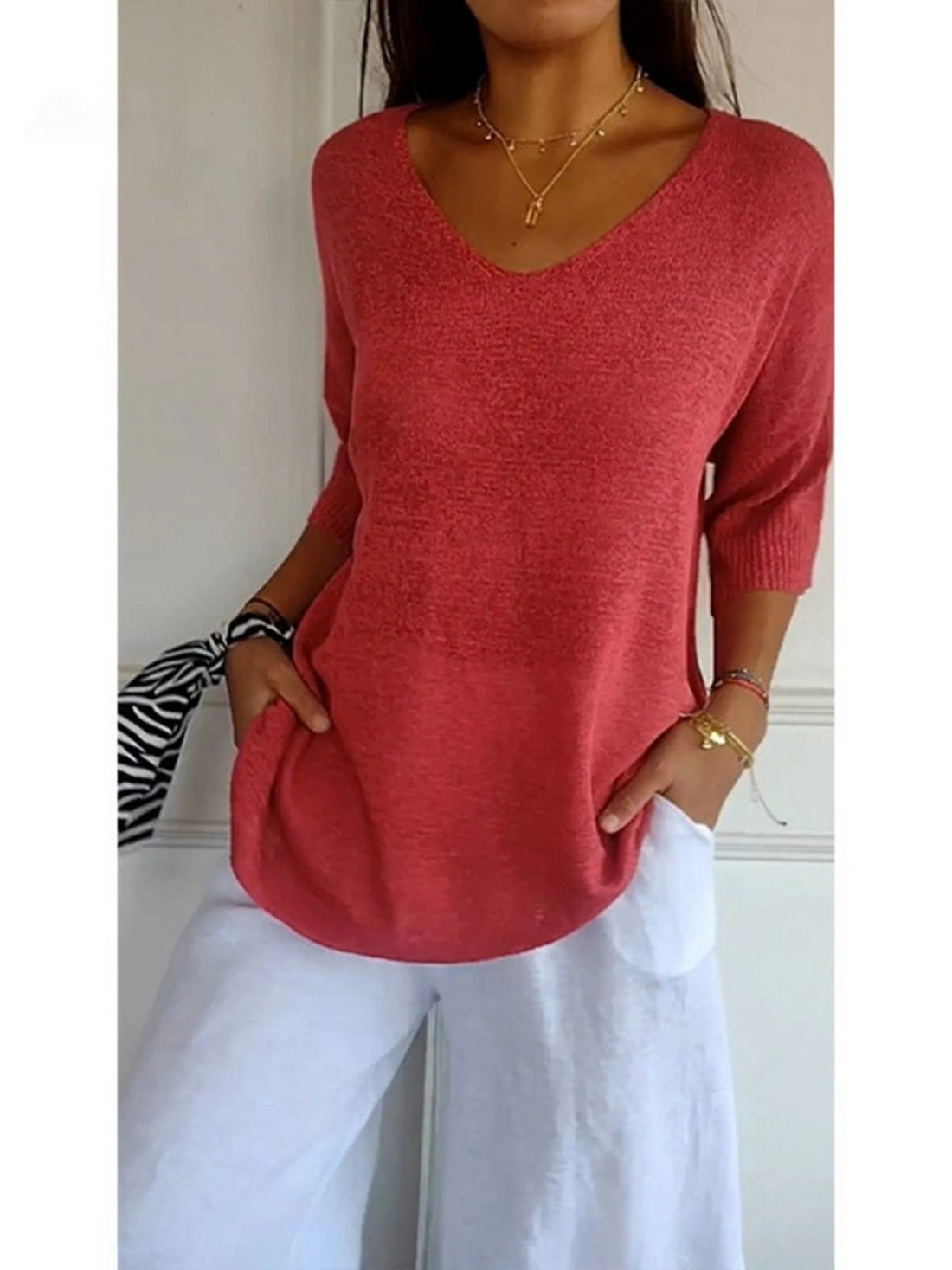 Elvayn | Women's Solid Color Knitted 3/4 Sleeve V-neck Top