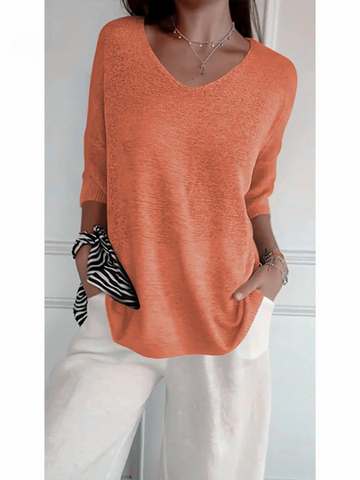 Elvayn | Women's Solid Color Knitted 3/4 Sleeve V-neck Top
