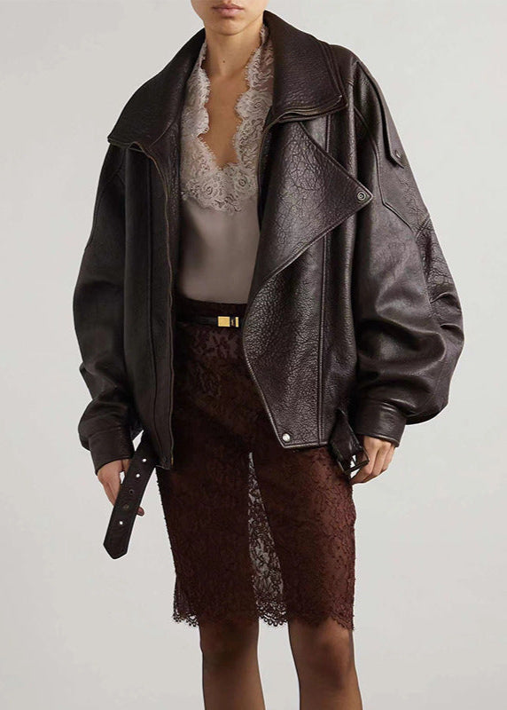 Elvayn | Women’s Belted Oversized Leather Bomber Jacket