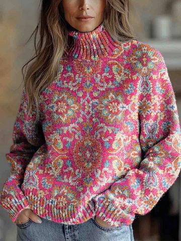 Elvayn | Women's Retro Ethnic Art Flowers Print Knit Turtleneck Pullover Sweater