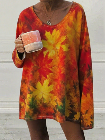 Elvayn | Women's Autumn Maple Leaves Cotton Long Sleeve T-Shirt