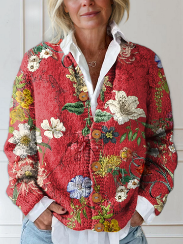 Elvayn | Women's Vintage Floral Art Print Buttoned Cardigan Sweater