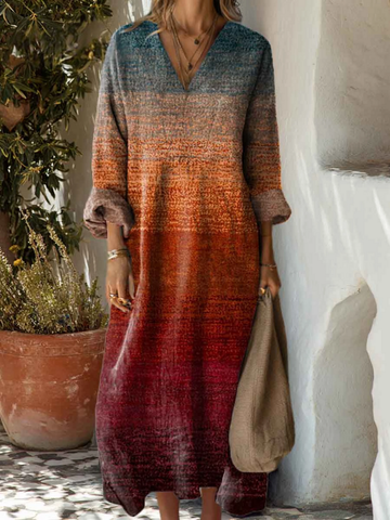 Elvayn | Women's Autumn Gradient Striped Art Print Dress