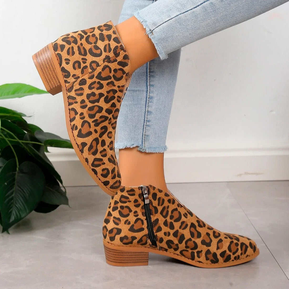 Elvayn | Women’s Leopard Print Ankle Boots with Zipper