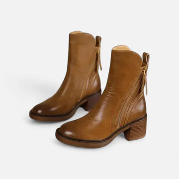 Leather ankle boots for women with block heel