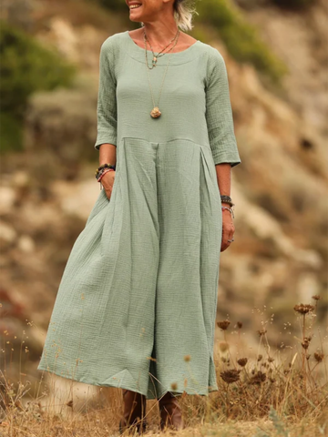 Elena Comfortable Pleated Cotton and Linen Dress