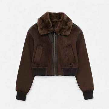 Elvayn | Women’s Brown Bomber Jacket, Luxe Faux Fur Trim