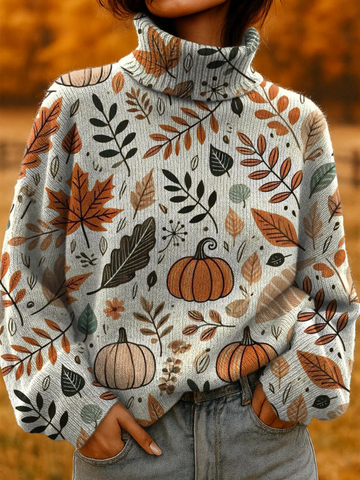 Elvayn | Women's Autumn Pumpkin Print Turtleneck Knit Sweater