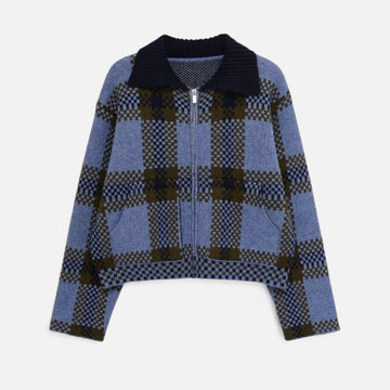 Elvayn | Women’s Plaid Knitted Zipper Jacket with Turn-Down Collar