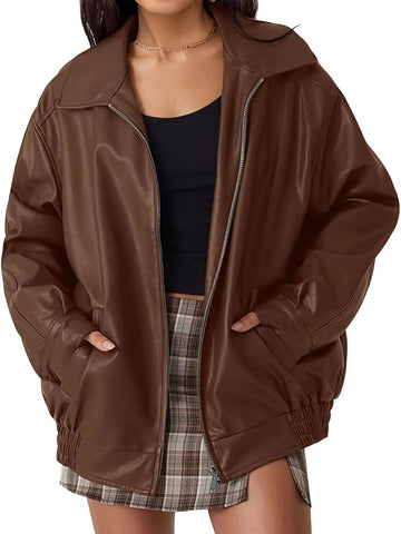 Elvayn | Women’s Classic Oversized Leather Bomber jacket