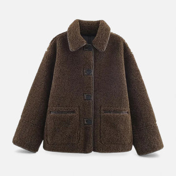 Elvayn | Women’s Reversible Brown Teddy Jacket with Turn-Down Collar
