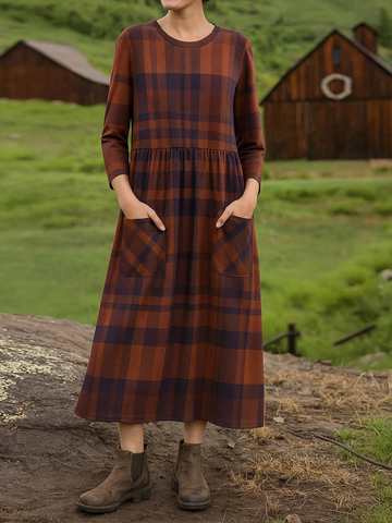 Elvayn | Women's Round Neck Long Sleeve Plaid Print Casual Cotton A-Line Dress