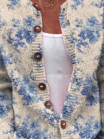 Elvayn | Women's Lovely Floral Art Print Buttoned Cardigan Sweater
