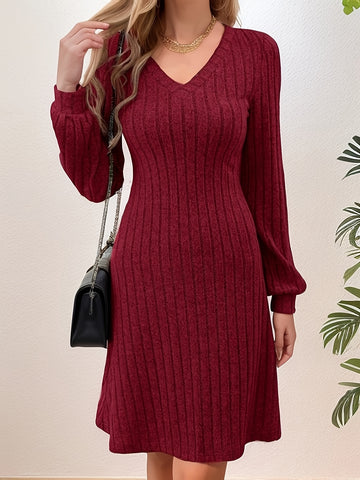 Elvayn | Knit V-Neck Long Sleeve Dress