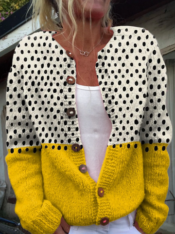 Elvayn | Women's Yellow Geometric Polka Dots Print Buttoned Cardigan Sweater