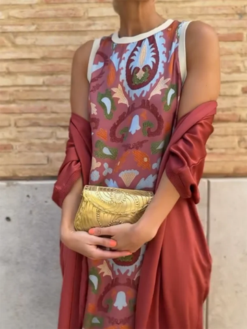 Elvayn | Women's Printed Satin Cardigan Dress Two-Piece Set