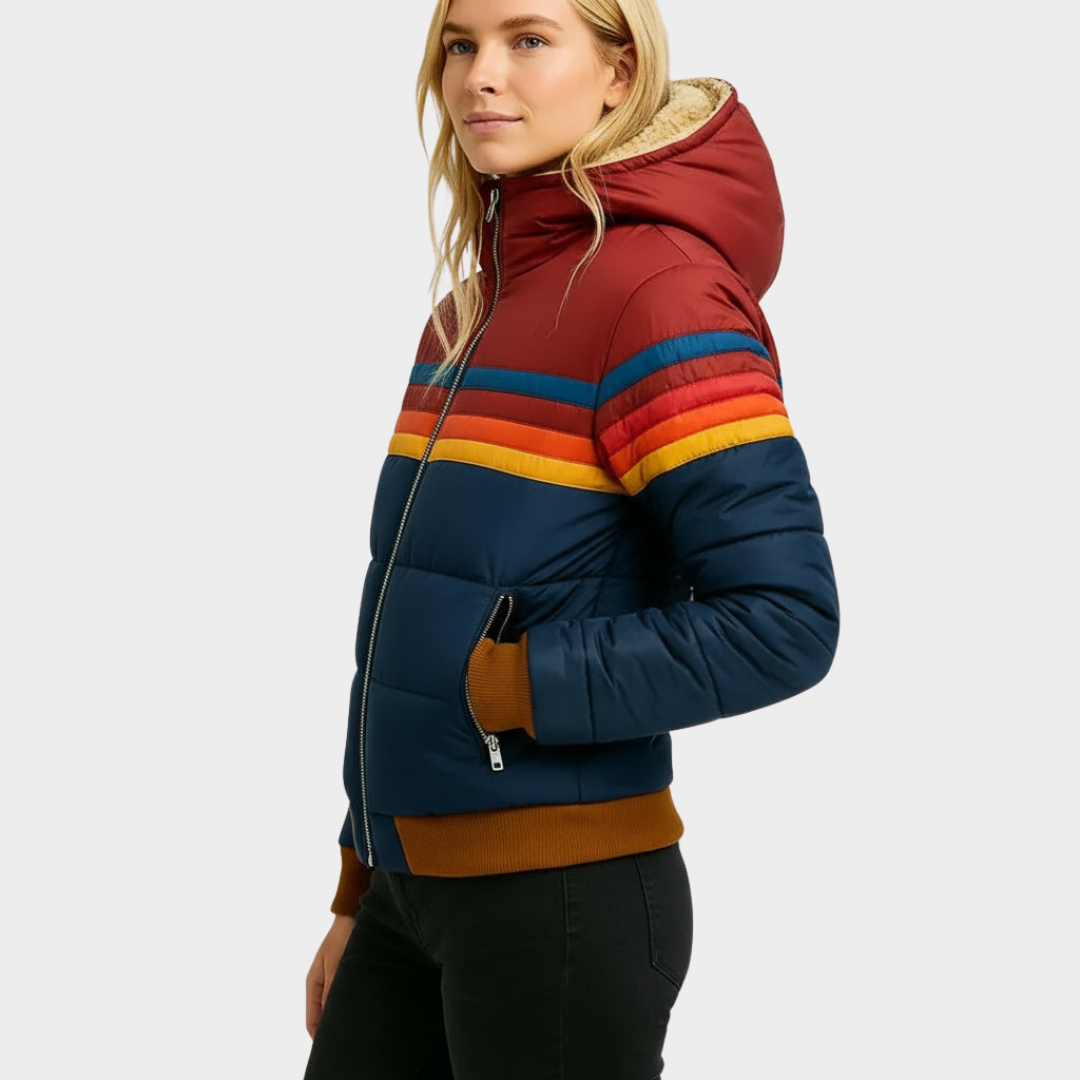 Retro multicolored puffer jacket for women