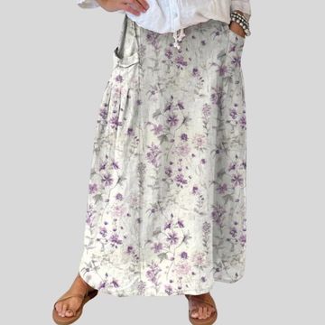 Elvayn | Women's Vintage Floral Art Linen Elastic waistband Pocket Skirt