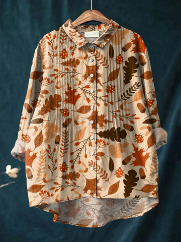 Elvayn | Women's Vintage Autumn Leaf Art Print Casual Cotton And Linen Ruffle Shirt