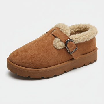 Fur-lined winter mules with buckle for women