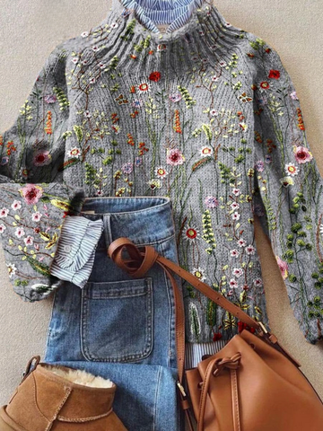 Elvayn | Women's Vintage Lovely Floral Art Print Knit Turtleneck Pullover Sweater