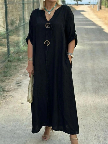 Elvayn | Women's V-Neck Button Detail Imported Cotton Linen Pocket Dress