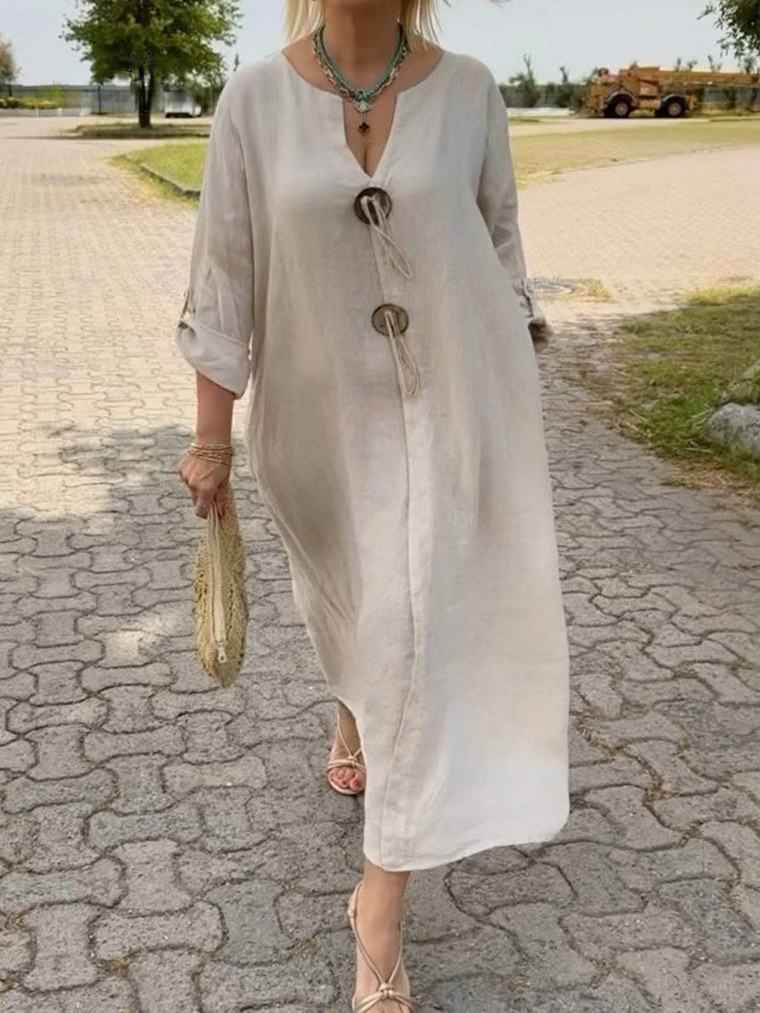 Elvayn | Women's V-Neck Button Detail Imported Cotton Linen Pocket Dress
