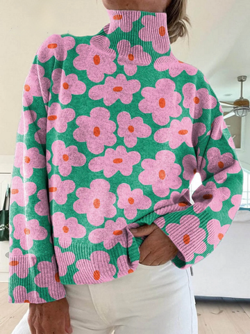 Elvayn | Women's Lovely Floral Art Print Knit Turtleneck Pullover Sweater