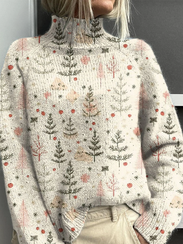 Elvayn | Women's Lovely Christmas Tree Art Print Knit Turtleneck Pullover Sweater