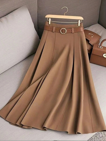 Elvayn | Women's Solid Color High Waist A-Line Casual Skirt
