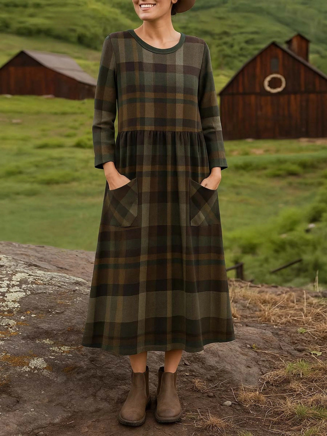 Elvayn | Women's Round Neck Long Sleeve Plaid Print Casual Cotton A-Line Dress