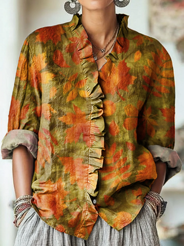Elvayn | Women's Vintage Autumn Maple Leaf Painting Art Print Casual Cotton And Linen Ruffle Shirt