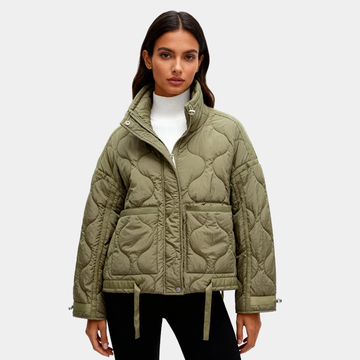 Quilted jacket for women with high collar and modern quilted pattern
