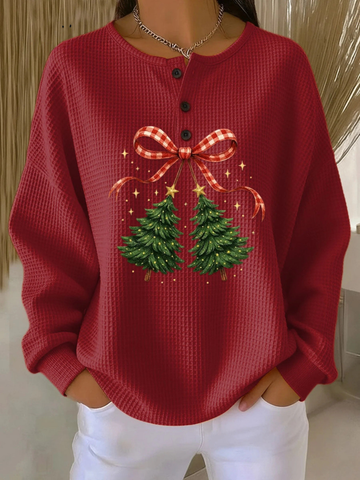 Elvayn | Women's Vintage Christmas Tree Art Print Casual Cotton Shirt