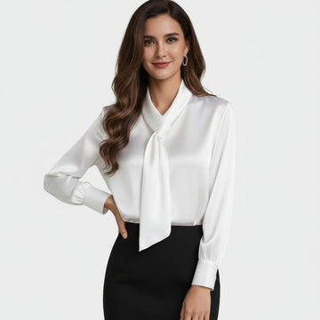 Elegant satin blouse with lavalliere bow for women
