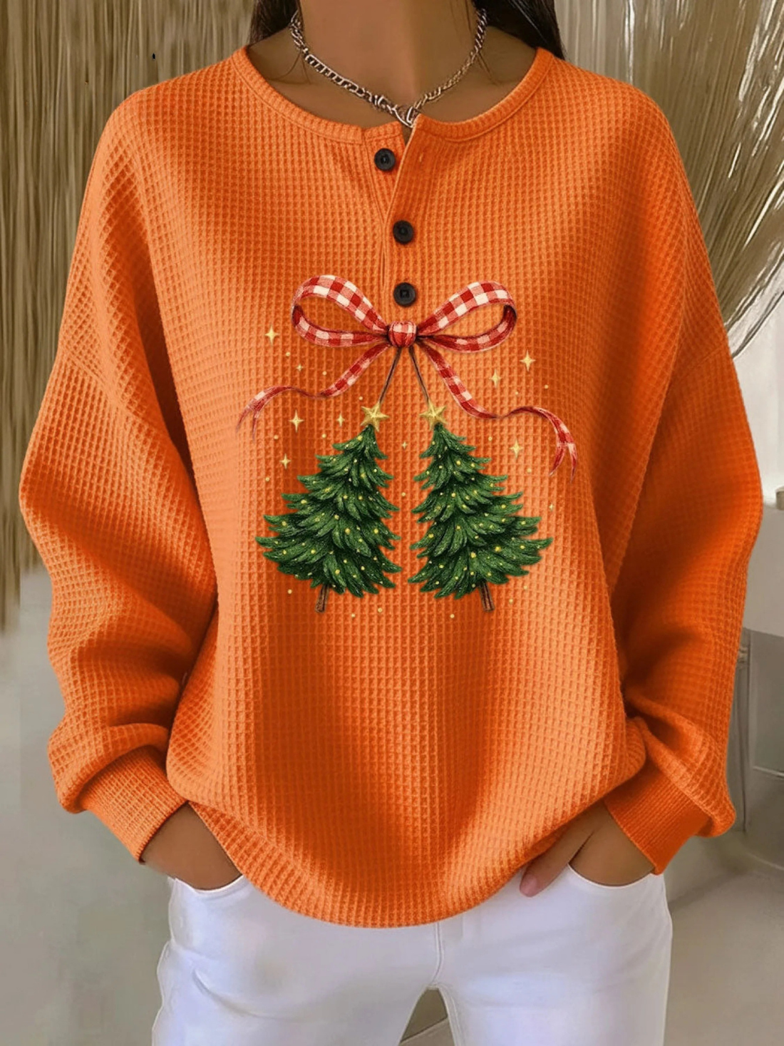 Elvayn | Women's Vintage Christmas Tree Art Print Casual Cotton Shirt