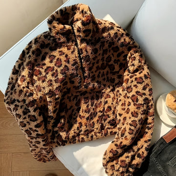 Elvayn | Leopard Print Zip Fleece Sweatshirt