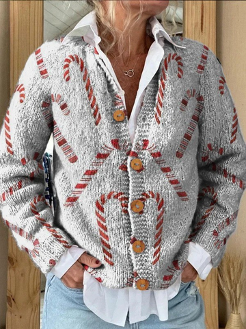 Festive Candy Cane Decorative Pattern Buttoned Cardigan Sweater