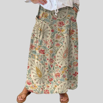 Elvayn | Women's Vintage Floral Art Printed Linen Pocket Skirt