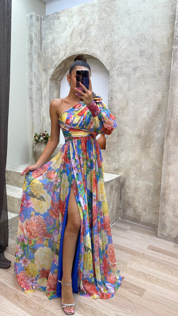 Elvayn | Women’s One Shoulder Floral Maxi Split Dress