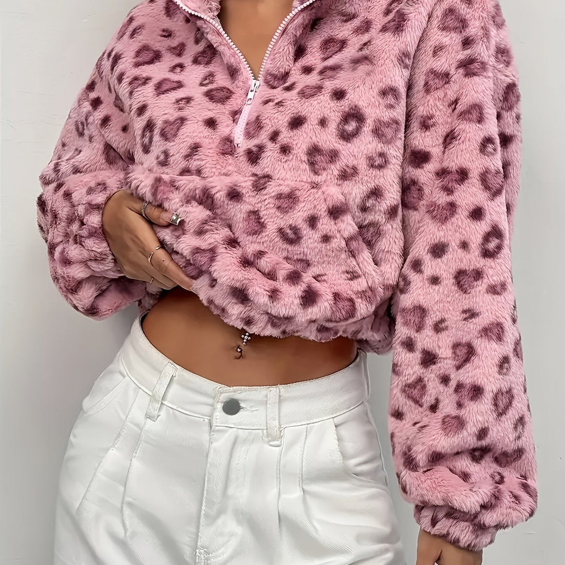 Elvayn | Leopard Print Zip Fleece Sweatshirt