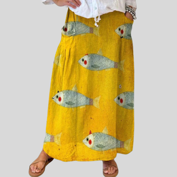 Elvayn | Women's Vintage Fish Art Print Linen Pocket Skirt