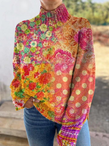 Elvayn | Women's Floral Polka Dot Art Print Knitted Turtleneck Sweater