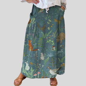 Elvayn | Women's Retro Floral Animals Art Casual Linen Pocket Skirt
