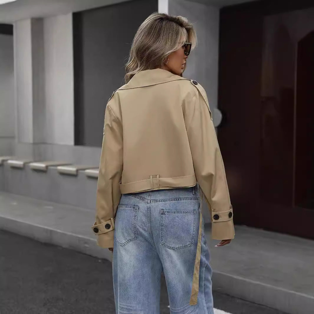 Elvayn | Women’s Cropped Double-Breasted Trench Jacket