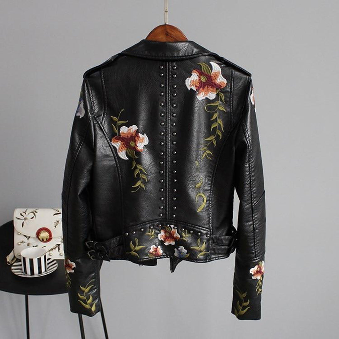 Elvayn | Women’s Floral Design Zip-up Biker Jacket