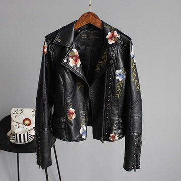 Elvayn | Women’s Floral Design Zip-up Biker Jacket