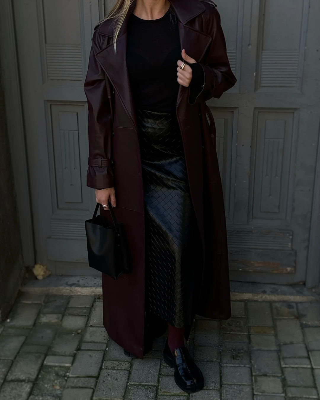 Elvayn | Women’s Winter Leather Maxi Trench Coat